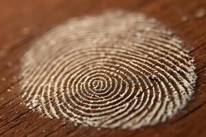 Macro Photograph of Fingerprint on Wood Surface Revealing Unique Pattern photo