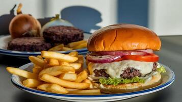 Delicious Cheeseburger and Fries Meal on a Plate in Restaurant photo