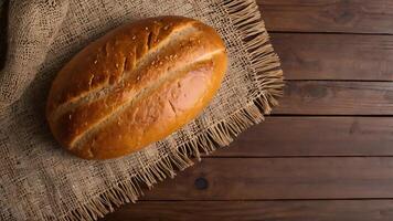 A loaf of freshly baked bread resting on a rustic burlap tablecloth photo