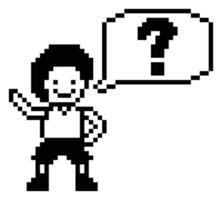 Pixel character of boy man male with question mark quiz confuse question 8 bit. vector