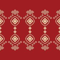 Pixel art of cross stitch with red color background ethnic pattern fabric art. vector