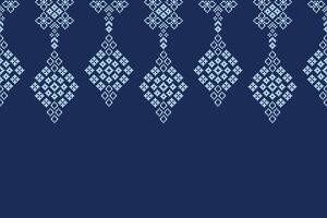Cross stitch of ethnic with blue background color fabric pattern motif pixel. vector