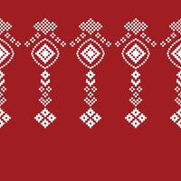Cross stitch with red background color ethnic pattern pixel art fabric grometric. vector