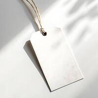 Elegant White Tag with Natural Cord and Shadow Accents on White Backdrop photo