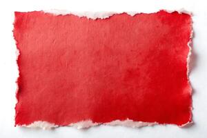 Fragment of Ripped Red Paper with Torn Edges on White Background photo