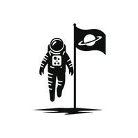 Astronaut Silhouette Floating in Outer Space next to a Waving Flag with a Ringed Planet Design Illustration for Exploration Themes vector