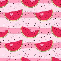 Seamless pattern of watermelon slices, seeds, slices in flat style. Illustration on delicate, pink striped background. vector