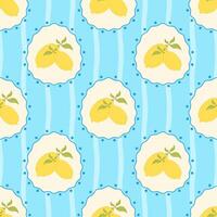 Seamless illustration with lemons framed by wavy blue lines and dots on striped turquoise background. Bright design of Mediterranean citrus fruits in flat style. vector