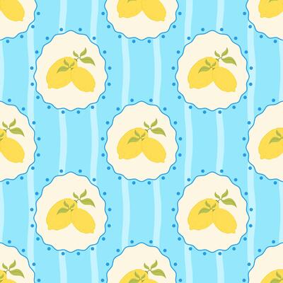 Seamless illustration with lemons framed by wavy blue lines and dots on striped turquoise background. Bright design of Mediterranean citrus fruits in flat style.