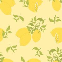 Seamless pattern with lemons on yellow background. Bright design of Mediterranean citrus fruits in flat style. vector