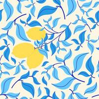 Seamless pattern with lemons and blue leaves. Bright Mediterranean citrus design in flat style. vector