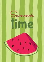 Slice of juicy watermelon on the background of green watermelon rind. Summer illustration with Summer Time text. Flat style. Designer template for postcard, poster, flyer, banner. vector
