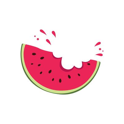 Big piece of juicy ripe watermelon, juice splashes on white background. Watermelon icon. Illustration in flat style.