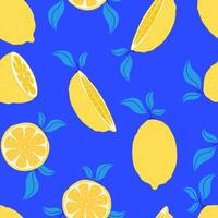 Seamless pattern with lemons, lemon slices, slice on bright blue background. Bright design of Mediterranean citrus fruits in flat style. vector