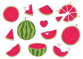 Large set of watermelons, assorted slices, slices, whole watermelon, half in simple, flat style. Design for poster, banner, poster, postcard, sticker. vector