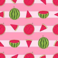 Seamless pattern of watermelon, slices, slices, halves. Illustration on pink striped background. vector