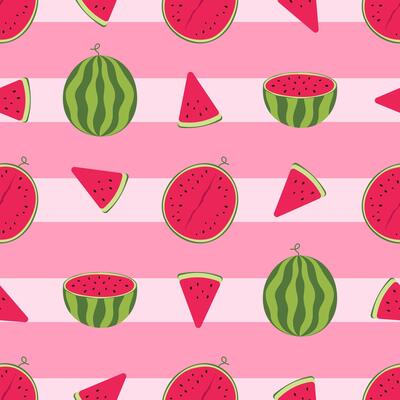 Seamless pattern of watermelon, slices, slices, halves. Illustration on pink striped background.
