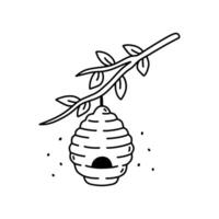 A beehive on a tree branch isolated on a white background. hand-drawn illustration in doodle style. Perfect for decorations, logo, various designs. vector
