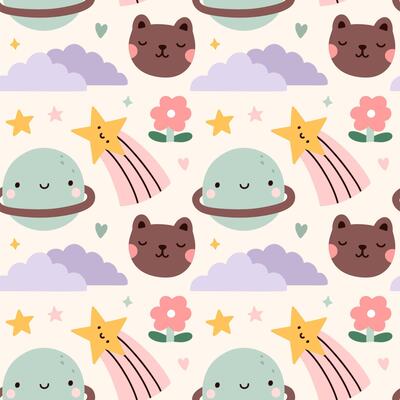 Cute seamless pattern with childish doodles in pastel colors - bear, clouds, shooting stars, planets. hand-drawn flat illustration. Perfect for print, wrapping paper, wallpaper, fabric, textile
