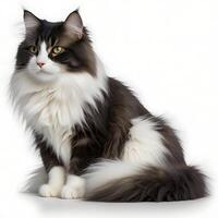Majestic Long-Haired Cat with Striking Markings Posing on White Background photo