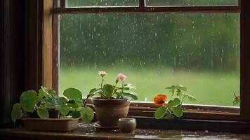 Rainy day serenity indoor plants by the window bring peace and calm photo