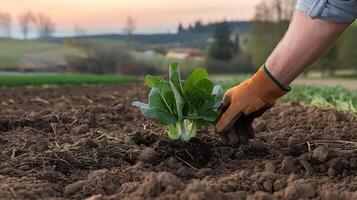 Close-up shot of a farmer planting a young vegetable seedling in fertile soil at dusk showing the agricultural process and new beginnings photo