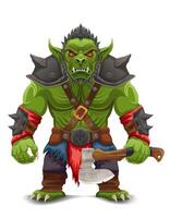 menacing and scary green goblin troll orc stands warlike pose cartoon illustration isolated on white background vector