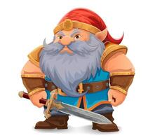 cartoon fantasy dwarf character with bright blue beard and armor wearing an orange hat he stands firmly with determined expression the design is colorful illustration vector