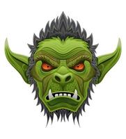 face menacing and scary green goblin troll orc stands in a warlike pose cartoon illustration isolated on white background vector