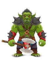 menacing and scary green goblin troll orc stands in a warlike pose cartoon illustration isolated background vector