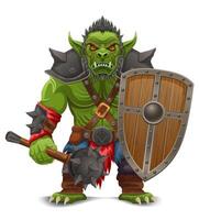 menacing and scary green goblin troll orc stands in a warlike pose cartoon illustration isolated on background vector