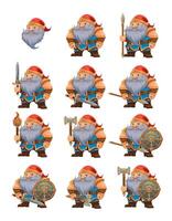 set cartoon fantasy dwarf character with a bright blue beard and armor wearing an orange hat he stands firmly with a determined expression the design is a colorful illustration vector