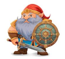 Webcartoon fantasy dwarf character with a bright blue beard and armor wearing an orange hat he stands firmly with a determined expression the design a colorful illustration vector