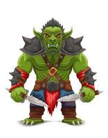 menacing and scary green goblin troll orc stands a warlike pose cartoon illustration isolated on white background vector