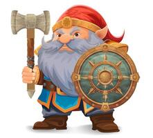Webcartoon fantasy dwarf character with a bright blue beard and armor wearing an orange hat he stands firmly with determined expression the design is a colorful illustration vector