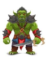 menacing and scary green goblin troll orc stands in a warlike pose cartoon illustration vector