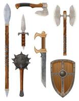 set collection of fantasy ancient weapons and shields cartoon illustration vector