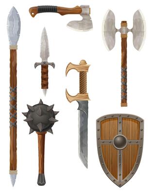 set collection of fantasy ancient weapons and shields cartoon illustration