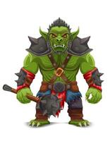 menacing and scary green goblin troll orc in a warlike pose cartoon illustration isolated on white background vector