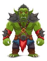 menacing and scary green goblin troll orc stands cartoon illustration isolated on white background vector