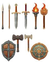 Wedetailed illustration showing a variety of fantasy and ancient weapons and shields the image features swords, axes, hammers, spears, vector