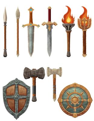 Wedetailed illustration showing a variety of fantasy and ancient weapons and shields the image features swords, axes, hammers, spears,