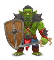 menacing and scary green goblin troll stands in a warlike pose cartoon illustration isolated on white background vector