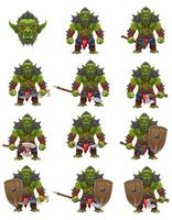 set menacing and scary green goblin troll orc stands in a warlike pose cartoon illustration isolated on white background vector