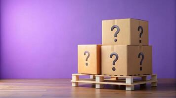 Mystery Boxes Stacked on Pallet with Question Marks on Purple Background photo