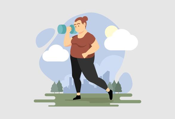 A woman is drinking water with a dumbbell