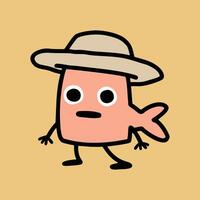 A cartoon fish wearing a hat and holding a stick vector