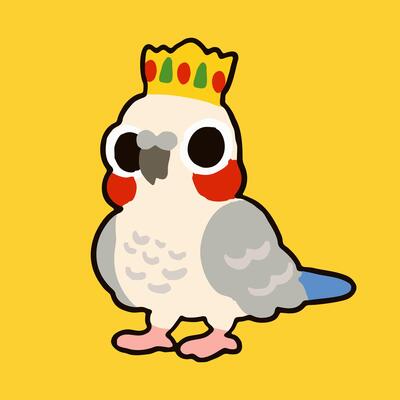 A cartoon bird wearing a crown on its head