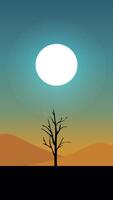A dead tree in the desert with a bright sun in the background vector