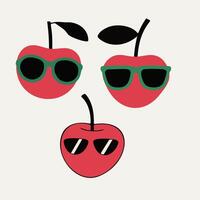 Three cherries with sunglasses and a red apple vector